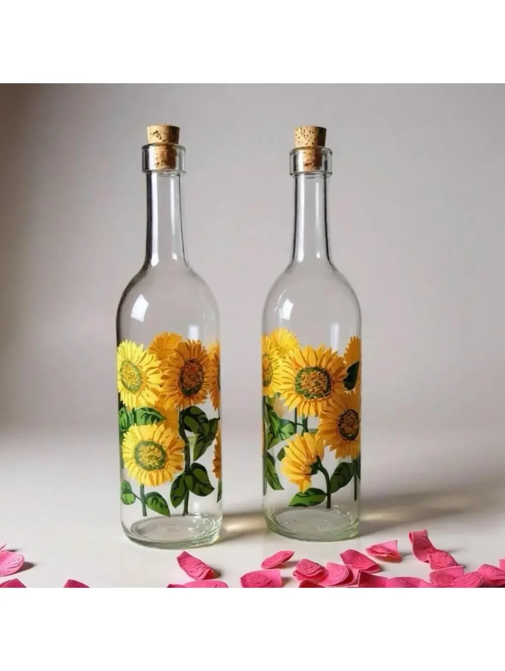 Vintage Sunflower Glass Bottles with Cute Garden Gnome Figurine